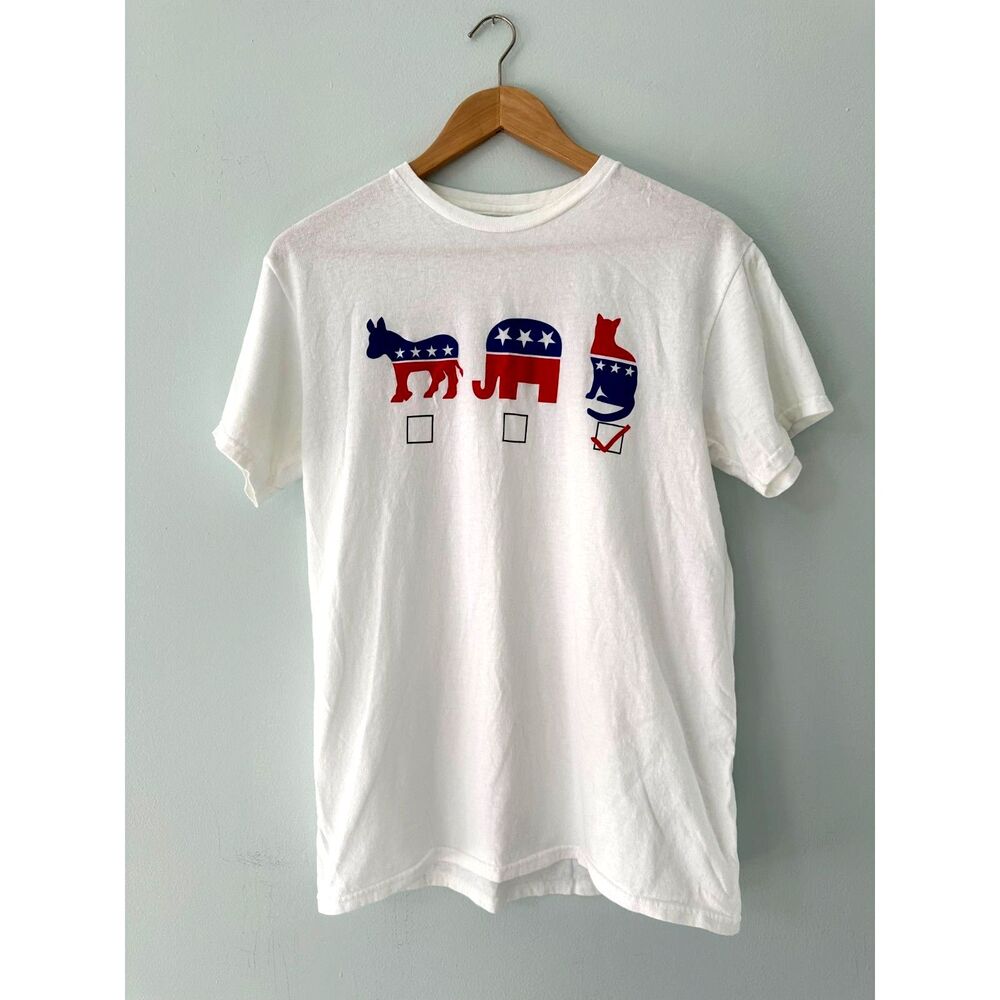 Funny Political Election Donkey, Elephant, and Cat Graphic T-Shirt Adult size L